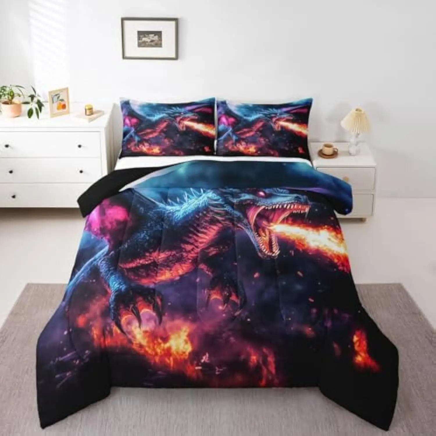 

Готическое постельное белье с огненным драконом Твин,Волшебный комплект одеяла с древним животным для детей, подростков, взрослых, Комплекты одеял бирюзового цвета с драконом, EU Twin(135x200cm)