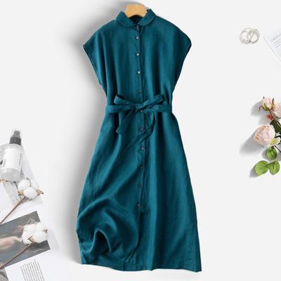 Yousheng Cotton Linen Button Down Shirt Midi Dress for Women Casual Lapel Collared Sleeveless Dress with Belt for Beach Parties