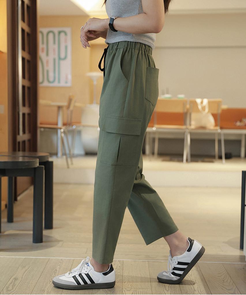 Ppaeppae Elastic Cargo Flap Pocket Spandex Crooked Wide Pants