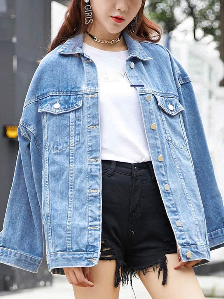 Damen Retro Denimjacke mit Revers - Europäischer Stil, Lockere Passform, Langarm für Frühling & Herbst