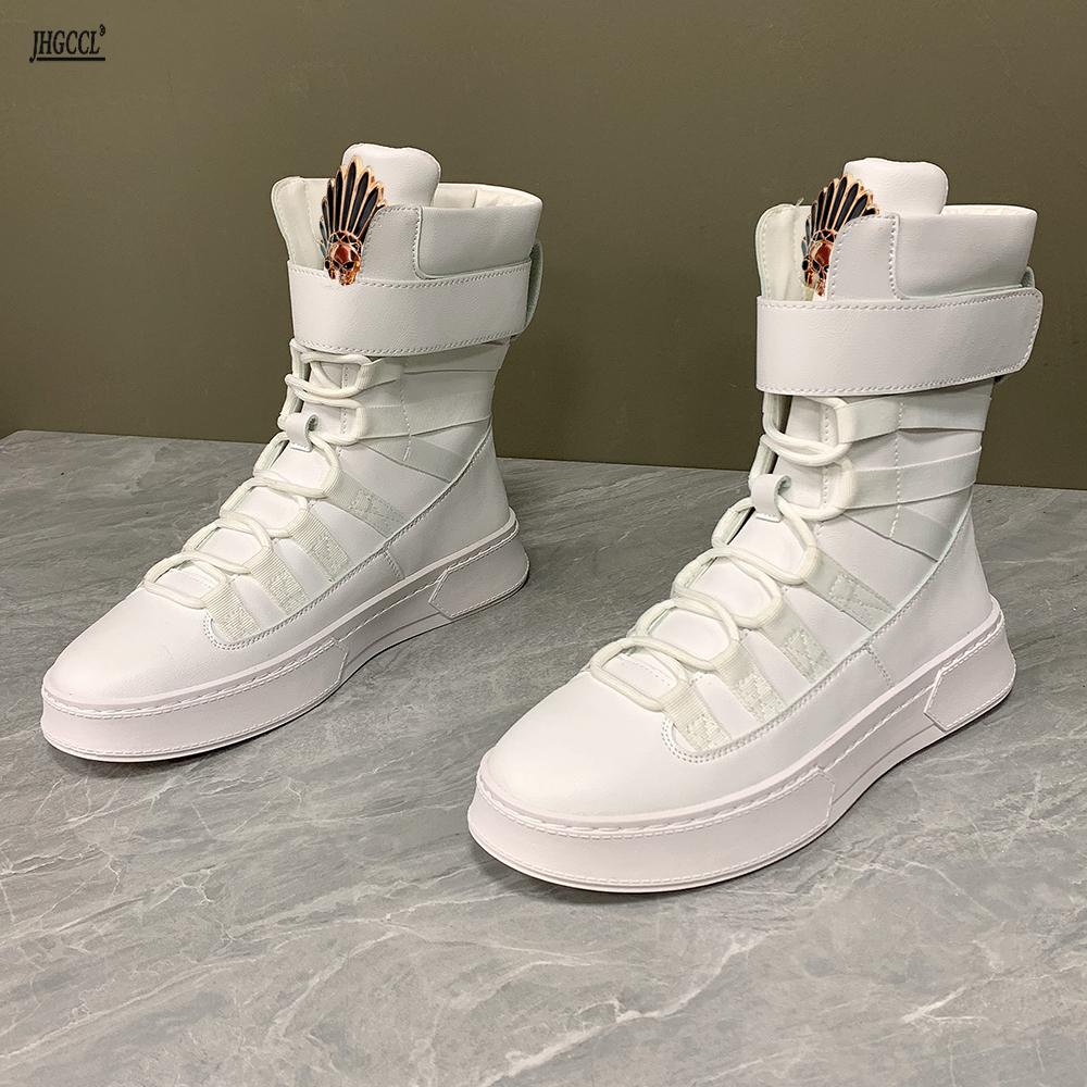 

Fashion New men s boots High top shoes men s full length board shoes increase casual leather boots white riding boots A6 44 белый