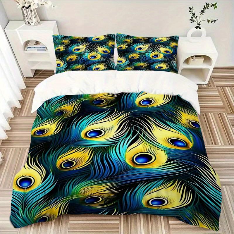 3Pcs Peacock Feather Pattern Printed Bedding Set, Breathable And Soft,(Includes 1 Duvet Cover And 2 Pillowcases, Quilt Not Included) Yy250815164