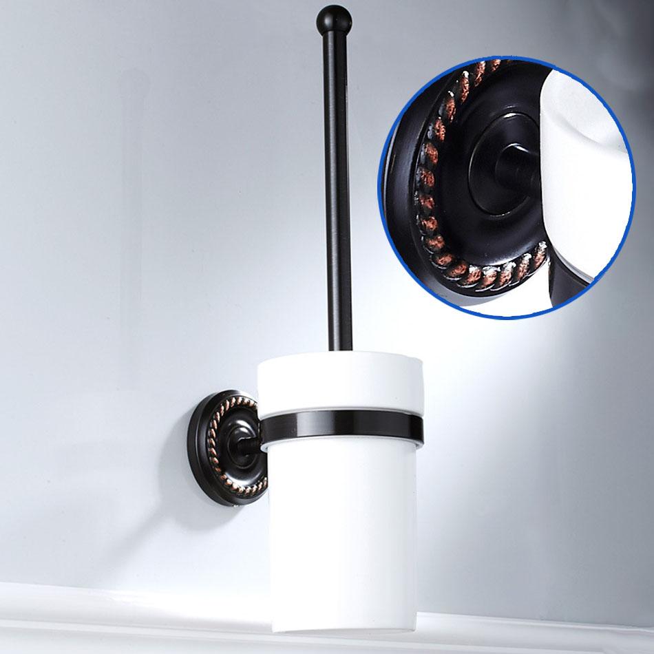 Brushed Black Toilet Brush Holder Brass Wall Mounted Bathroom Hardware Lavatory Round Ceramic Cup WC Brush Rack Shelf Set
