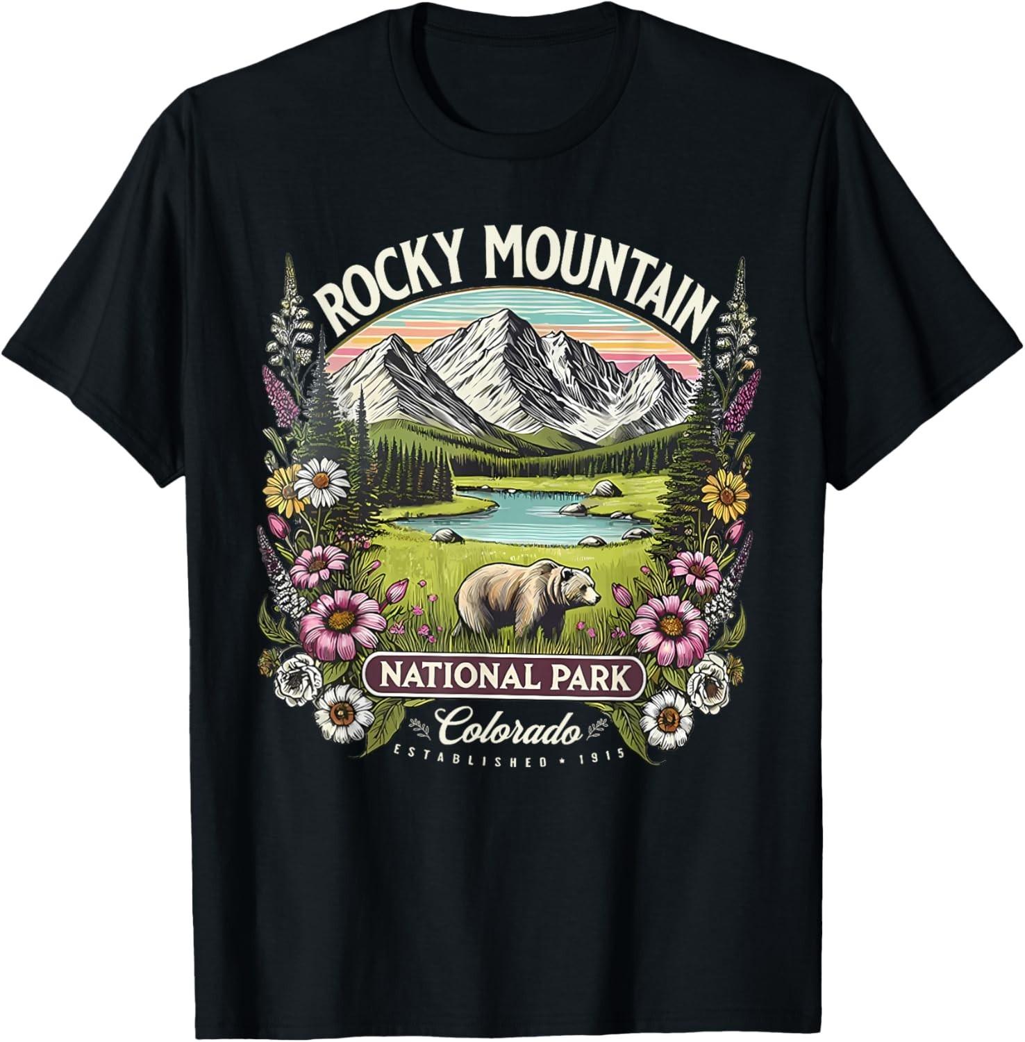 Vintage Colorado Rocky Mountain National Park Floral Bear T-Shirt Mens Womens Tees Top unisex T-Shirt Mens Womens Tees Top 4XL