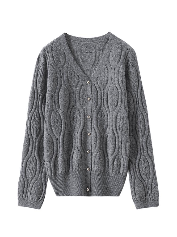 2024 Autumn/Winter Slimming V-Neck Hollow Knit Cashmere Cardigan