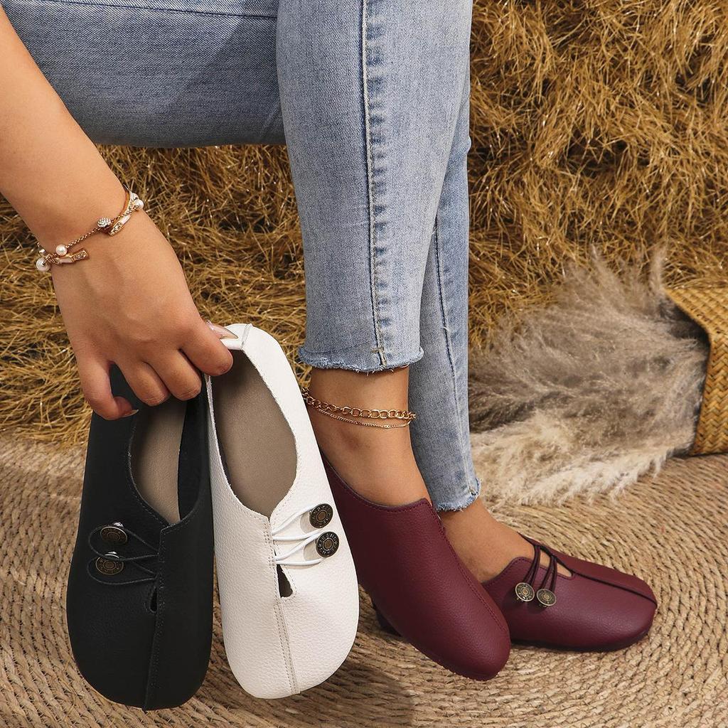 Women's Soft Leather Flat Casual Shoes, Round Toe Shallow Mouth Slip-On Loafers, Plus Size Comfort Footwear