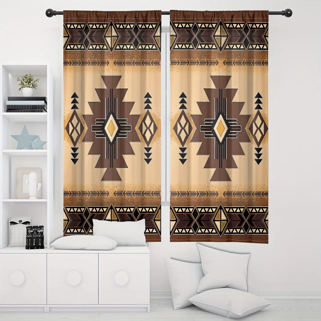 2 Pieces of Retro Bohemian Aztec Printed Curtains   Bedroom and Living Room   Home Decoration   Room Decoration