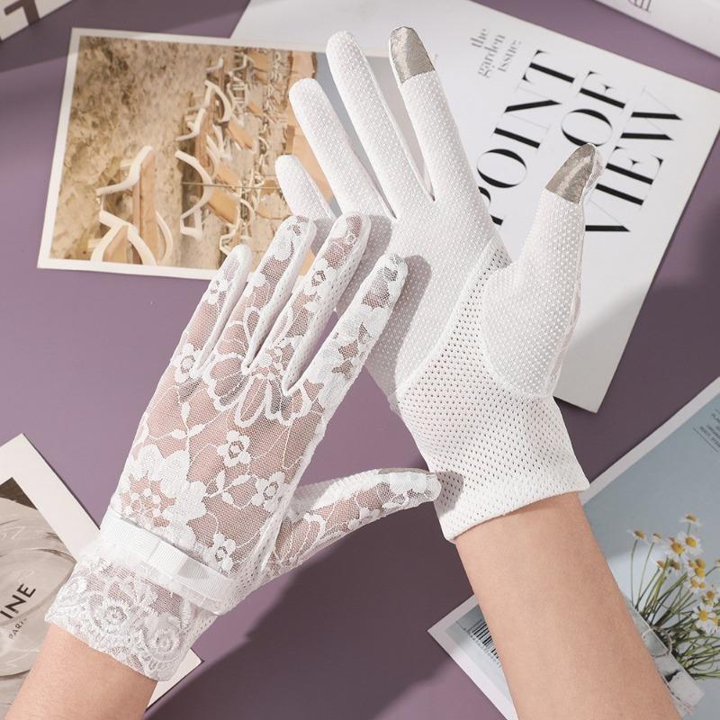 New sunscreen gloves women's spring summer outdoor riding driving lace non-slip bow