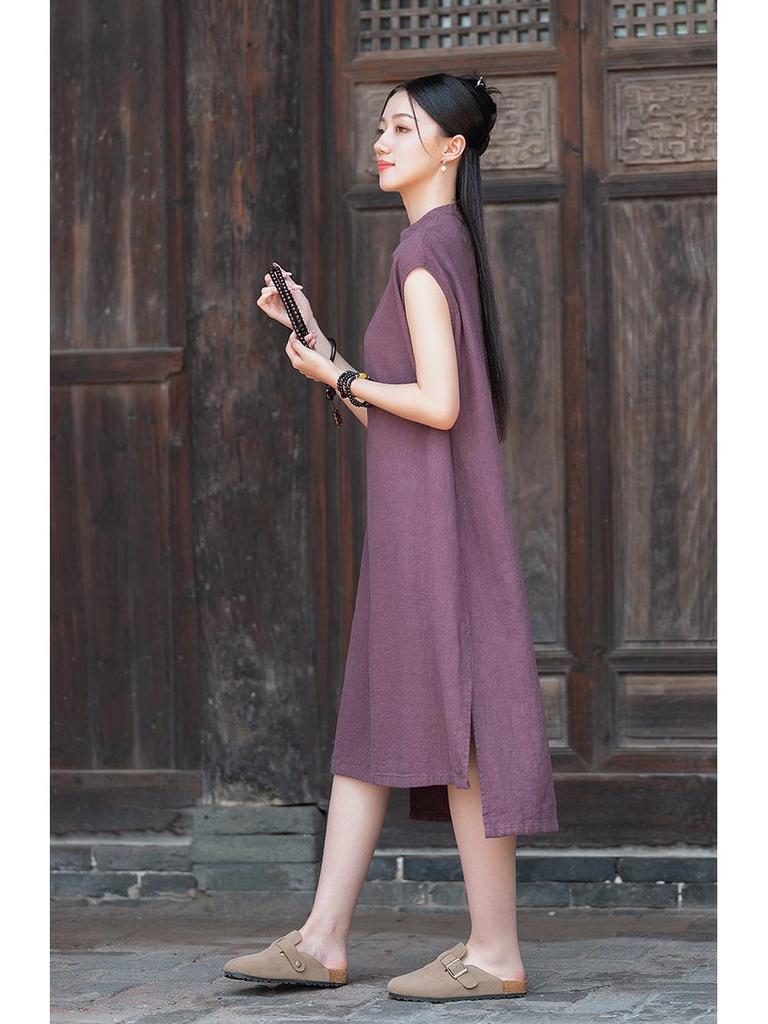 Spring 2026 Original Chinese Frog Button Cotton Linen Cheongsam Dress - Sleeveless, Stand Collar, Ramie Sand Wash