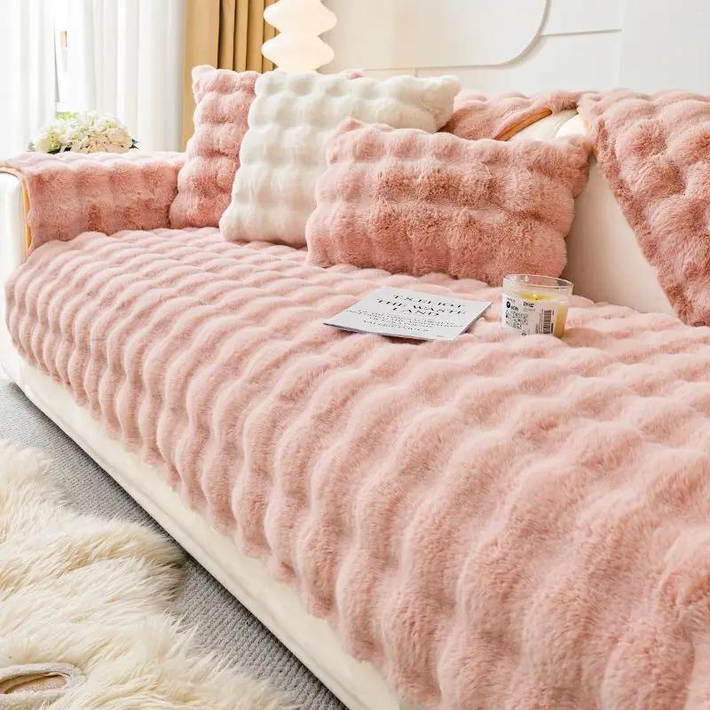 Round Bubble Plush Sofa Cushion Imitation Rabbit Long Plush Sofa Cover Winter Warmth Thicken Anti Slip Protecti Couch Covers