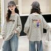 Girls' Fashionable Striped Cotton Long-Sleeve T-shirt for Ages 6-15 - Stylish Casual Patchwork Design