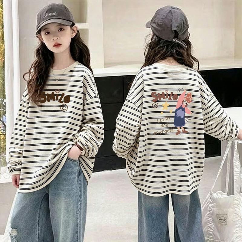 Girls' Fashionable Striped Cotton Long-Sleeve T-shirt for Ages 6-15 - Stylish Casual Patchwork Design