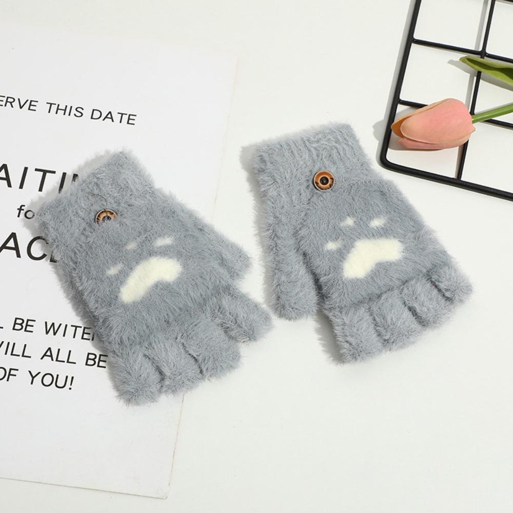 Fingerless Cat Paw Gloves Warm Fleece Touch Screen Gloves New Flip Knit Mittens  Women Girls