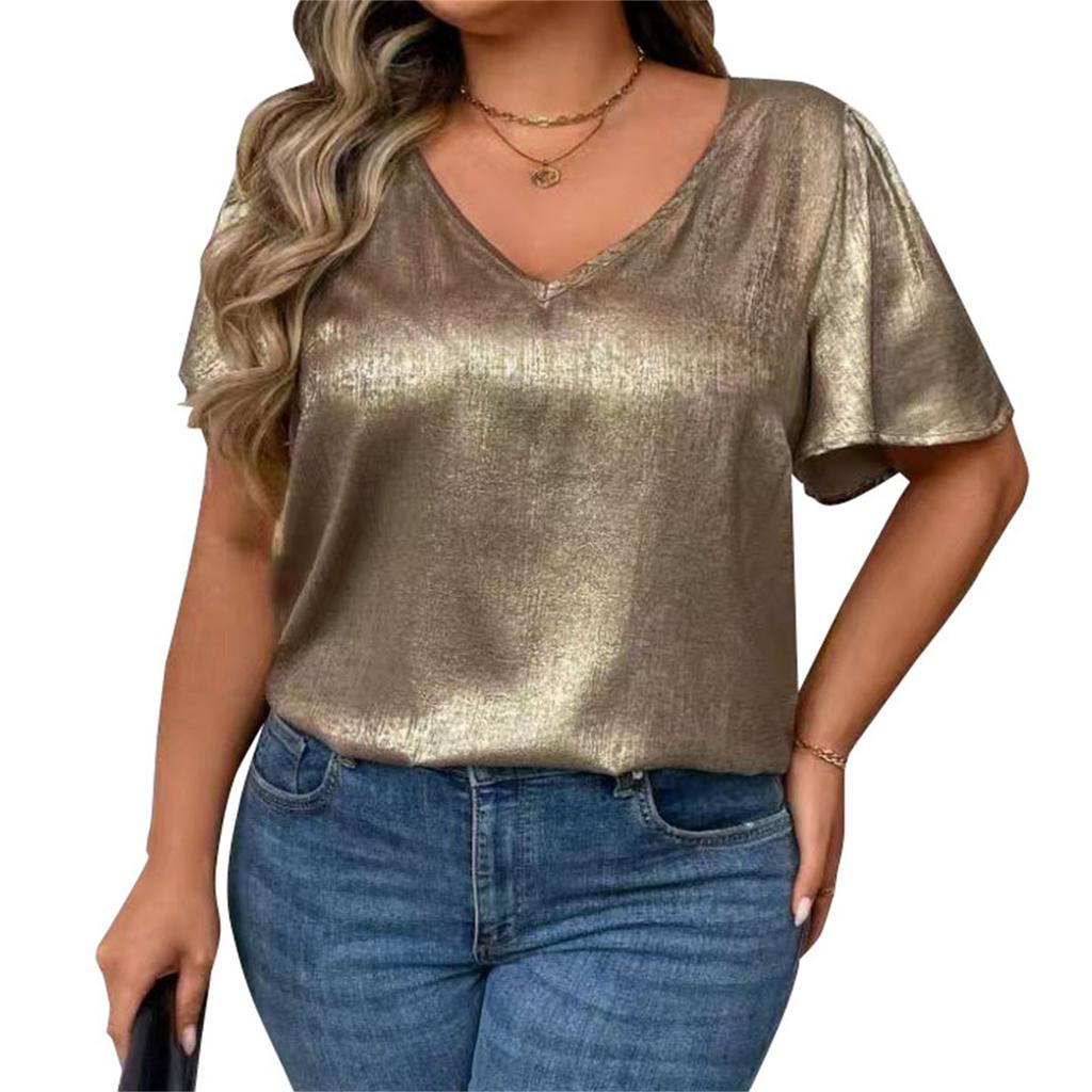 T Shirts For Women Pleated R-Neck Dressy Casual Blouses Printing Short Sleeve Summer Tops Loose Fit
