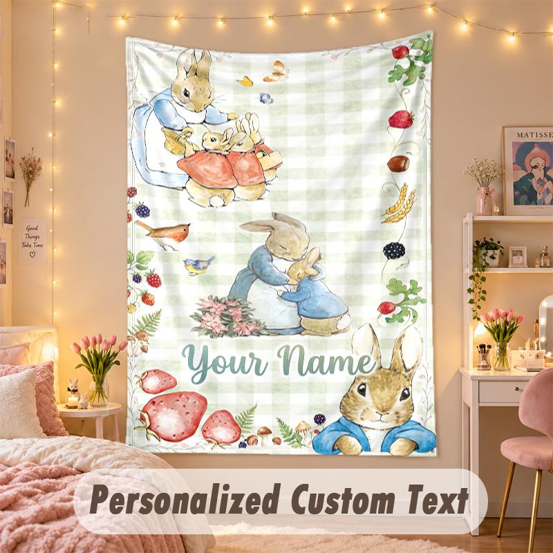 Custom Personalized Tapestry,Peter Rabbit Print Custom Name Text Wall Art Hanging for Bedroom