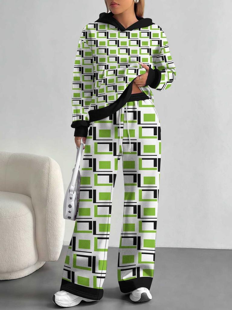 Striped European and American Autumn Casual Geometric Figure Long-sleeved Suit Women's Hooded Sweater Trousers Two-piece Set