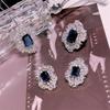 Sapphire Gemstone Jewelry Set: Haute Couture Necklace, Earrings & Ring with Square Zirconia, Exquisite Craftsmanship, High-End Appeal.