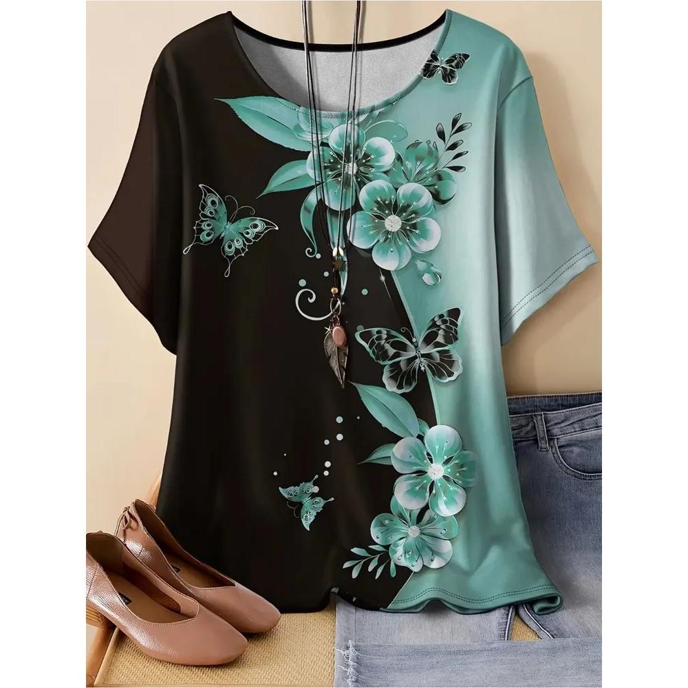 Casual Comfort Women's Top Fashion Versatile Flower Print Short Sleeve Daily Breathable T-Shirts Women’s