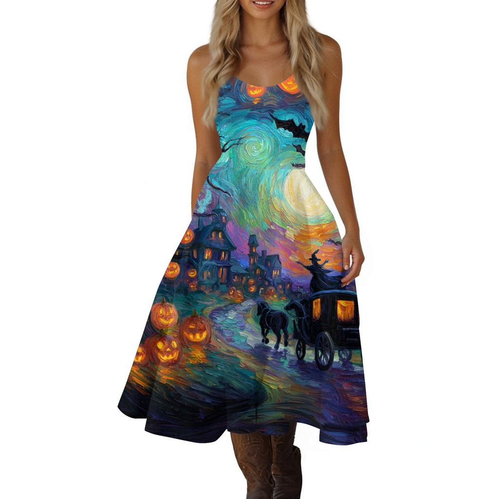 Women Halloween Print Off Shoulder Punk Vintage Dress Sleeveless Spaghetti Strap Fit and Flare Midi Dress for Party