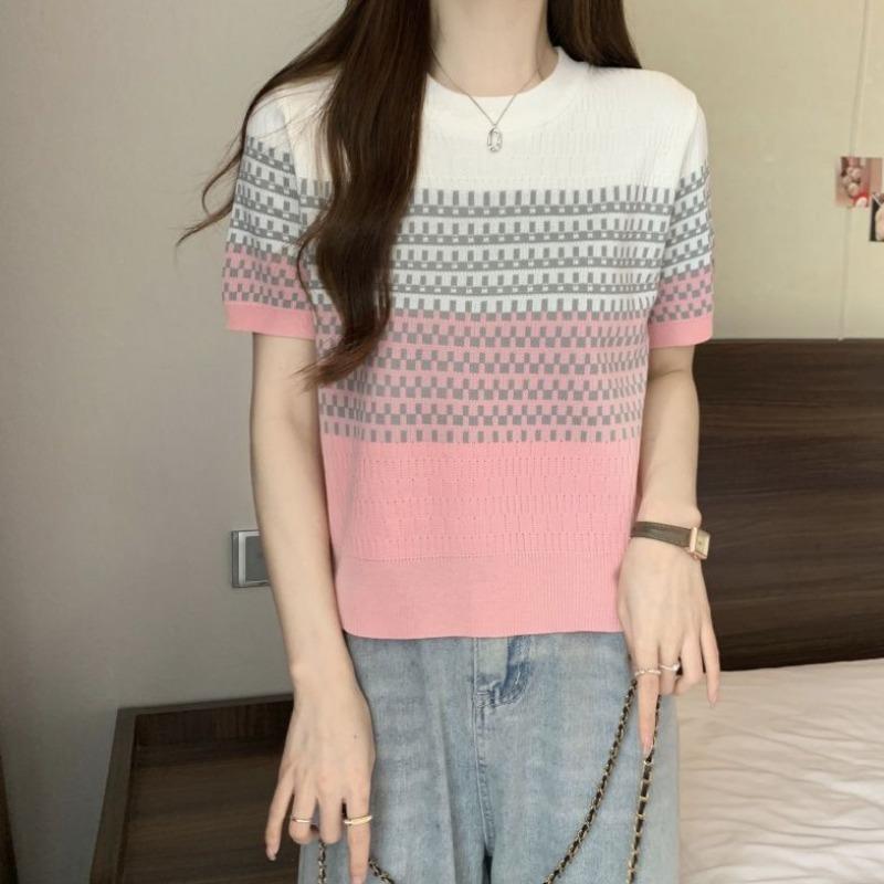 

Women s Striped Color Block Knit T-Shirt, Short Sleeve Crew Neck Casual Knitwear Top S розовый