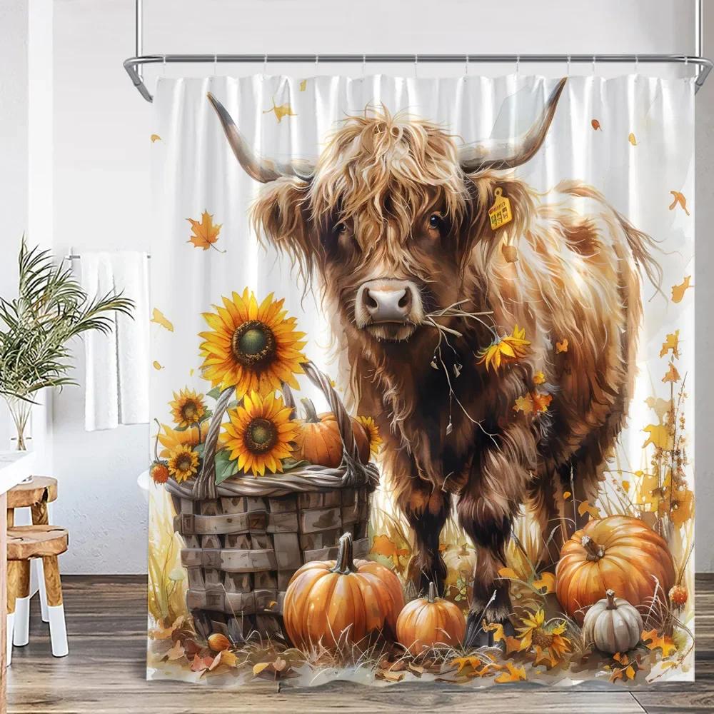 Cartoon shower curtain highland cattle harvest season pumpkin sunflower farmhouse bathroom decoration with hook shower curtain