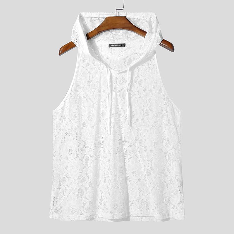 

INCERUN Летние мужские топы без рукавов с кружевной сеткой и прозрачным капюшоном L