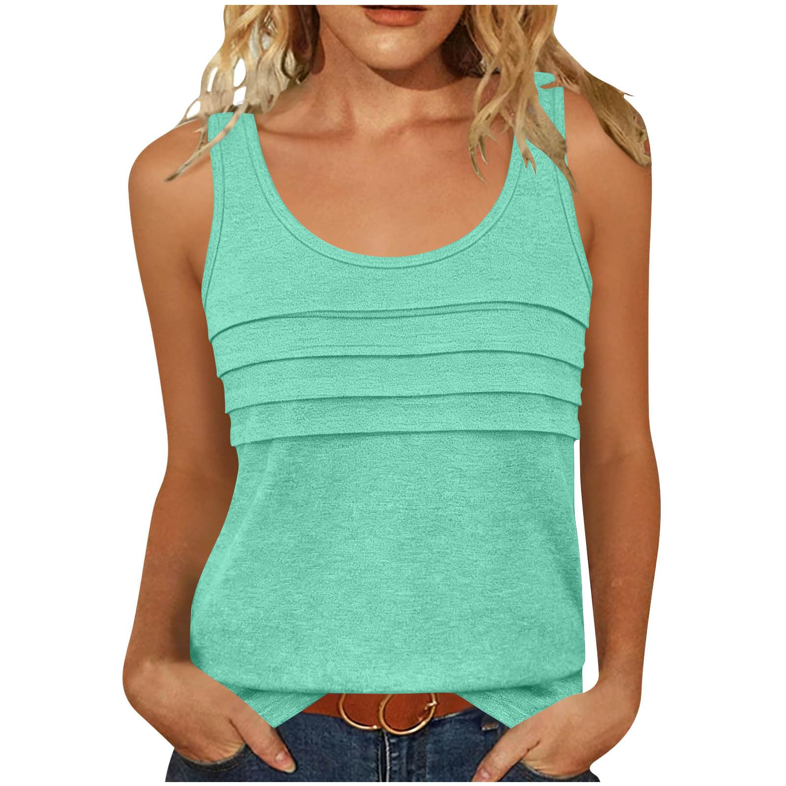 

Women’s Sleeveless Scoop Neck Tank Top with Layered Front Design Casual Loose Fit Pullover Shirt for Summer Daily Wear S зелёный