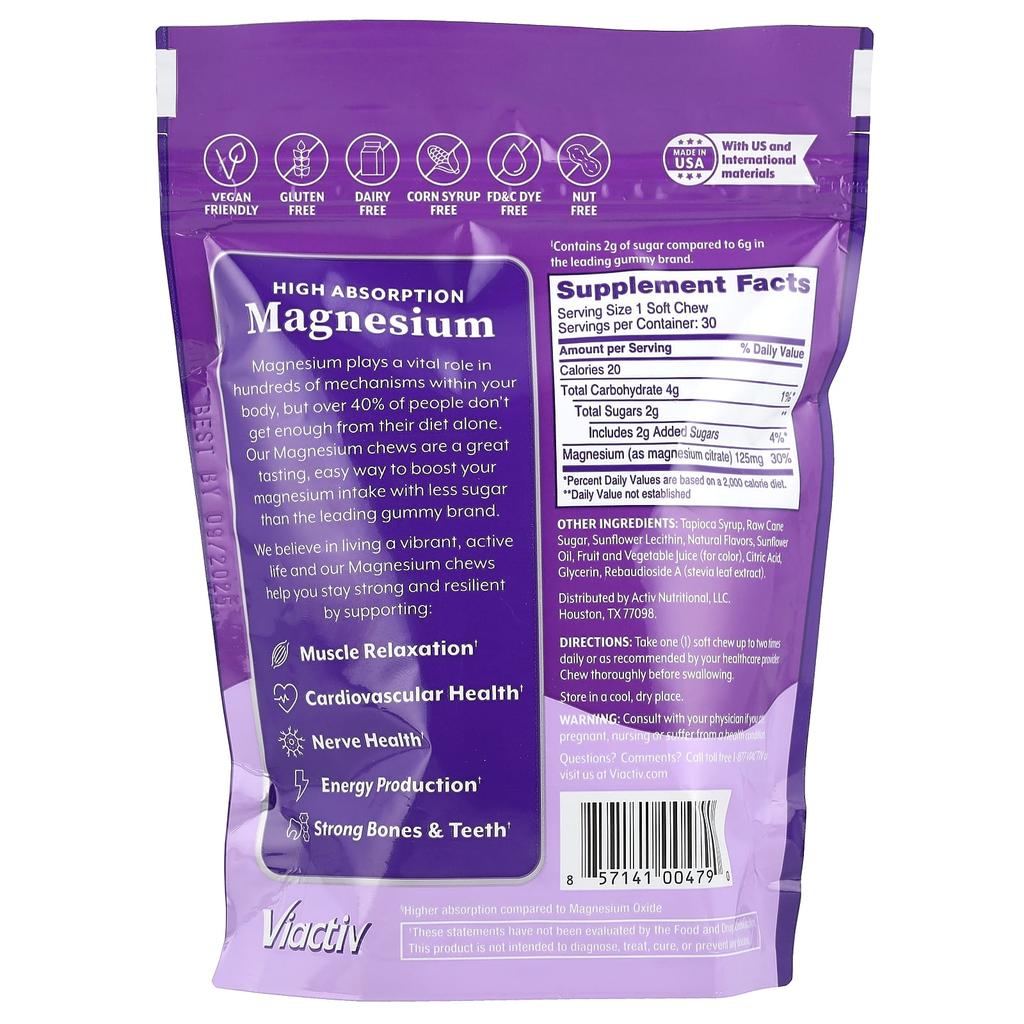 Viactiv, High Absorption Magnesium, Mixed Berry, 125mg, 30 Soft Chews