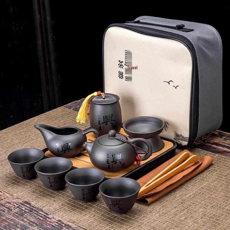 Portable Purple Clay Xishi Teapot Set with Leather Bag and Tea Tray for Home, Travel, or Business