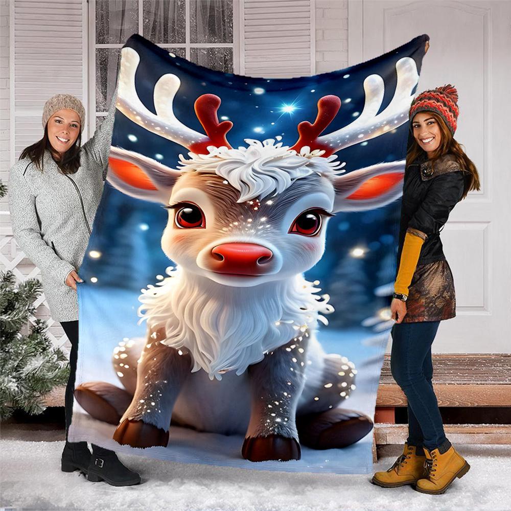 1pc Reindeer Winter Wonderland Outdoor Flannel Blanket , Machine Washable Perfect Gift for Birthday , Holiday Travel Accessory , Durable Material