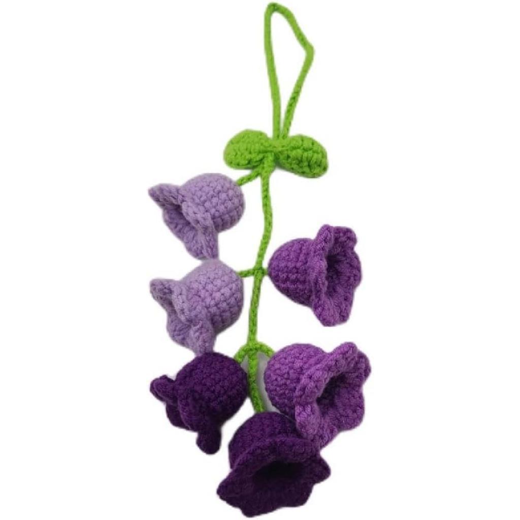 Car Rearview Mirror Hanging Ornament, Crochet Flower Basket Plant Accessory, Handmade Knitted Car Ornament Boho Accessory for Women (Lily of The