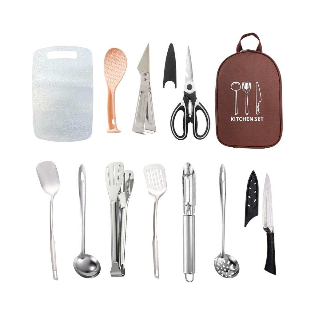 12 Piece Picnic Utensil Set Includes Cutting Board Spoon Tongs Scissors Ladle Spatula Peeler Knife with Storage Bag for Outdoor Cooking