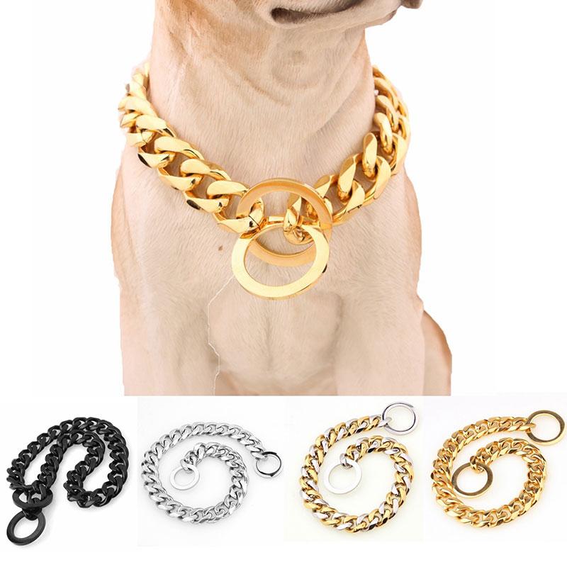 Cuban Link Thick Gold Chain Pet Collar for Large Dogs, Durable Stainless Steel with Gold Plating for Stylish and Safe Walks