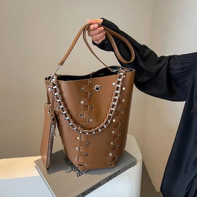 Autumn New PU Leather Rivets Bucket Bag 2 Pcs/Set Design Women's Vintage Crossbody Motorcycle Bag High Quality Shoulder Bag