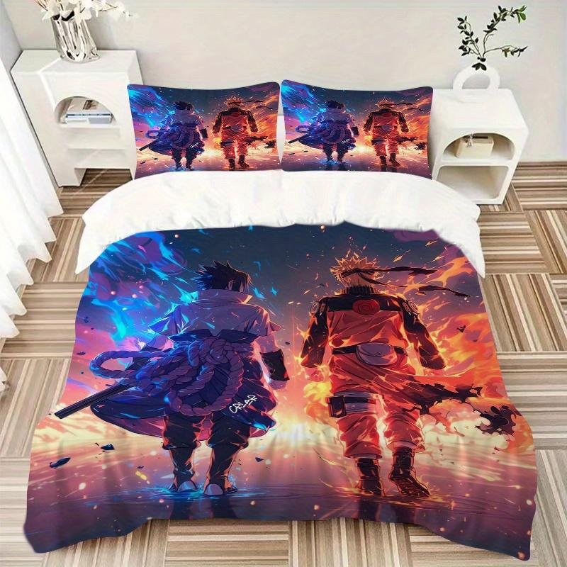 3pcs Naruto vs Sasuke Anime Theme Printed Quilt Set - Soft and Comfortable Quilt Cover for Bedroom, Guest Room and Dormitory Decorative Bedding Set 1