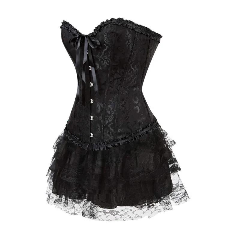 Set Gonna con Corsetto per Donna Tutù Festa Bustier Costume Sexy Allacciato Vintage Corseletto Abbigliamento Nero