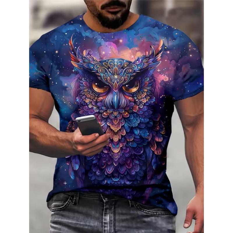 Men's Owl Graphic Print T Shirt Fashion Short Sleeve Crew Neck 3D Digital Printed T-Shirt Novelty Oversized T Shirts Men Tops