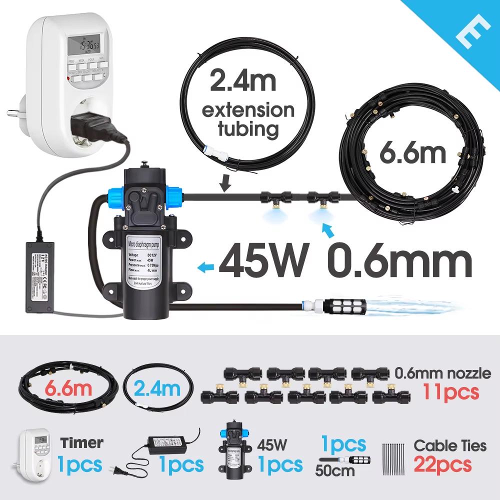 Gardening 45W Pump 0.6mm Atomization Watering Cooling System Kit Intelligent Automatic Timer Controller Quick Connection Nozzle