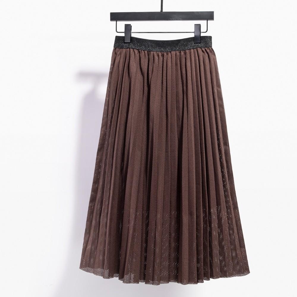 

Qooth Cotton Brown Tulle Pleated Maxi Skirt Elastic Waist A-Line Skirt Breathable with Good Drape QTS001 One Size кофейный