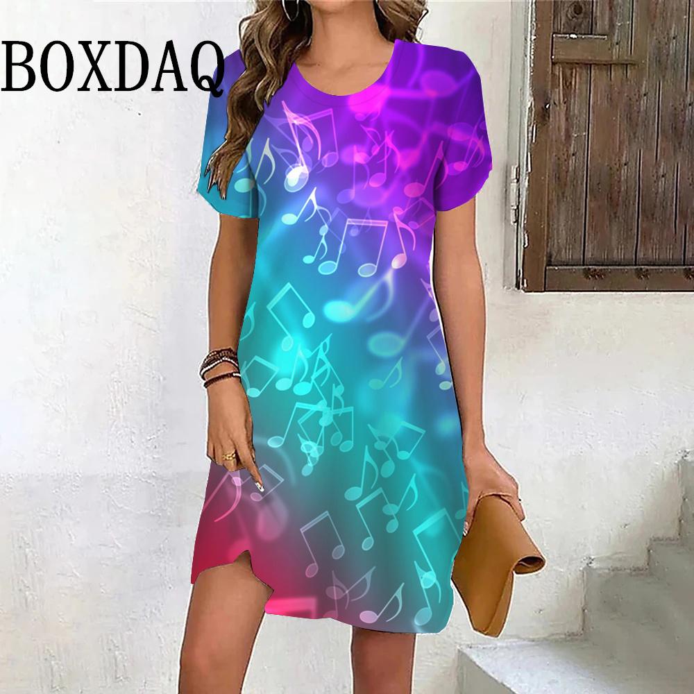 3D stereoscopic printed music element women's dress, casual street fashion short-sleeved dress, plus size, summer fashion