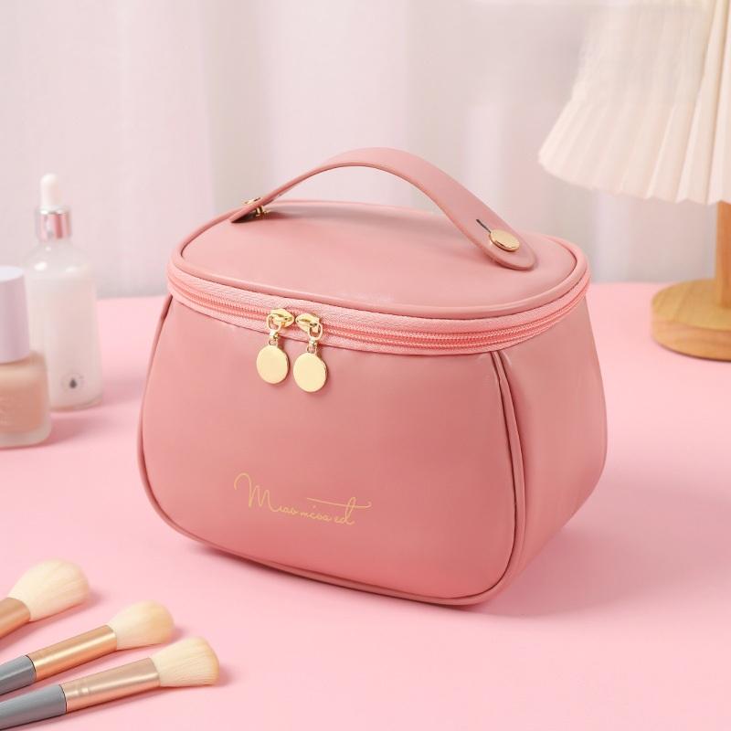 Stylish PU Leather Toiletry Organizer Bag, Large Capacity Makeup Pouch with Built-in Brush Slots