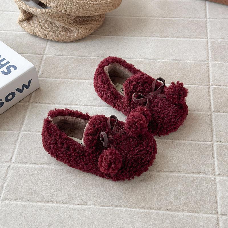 Girls' Plus Velvet Cotton Shoes - Winter 2025 Fur Ball Loafers with Soft Sole for Babies and Children
