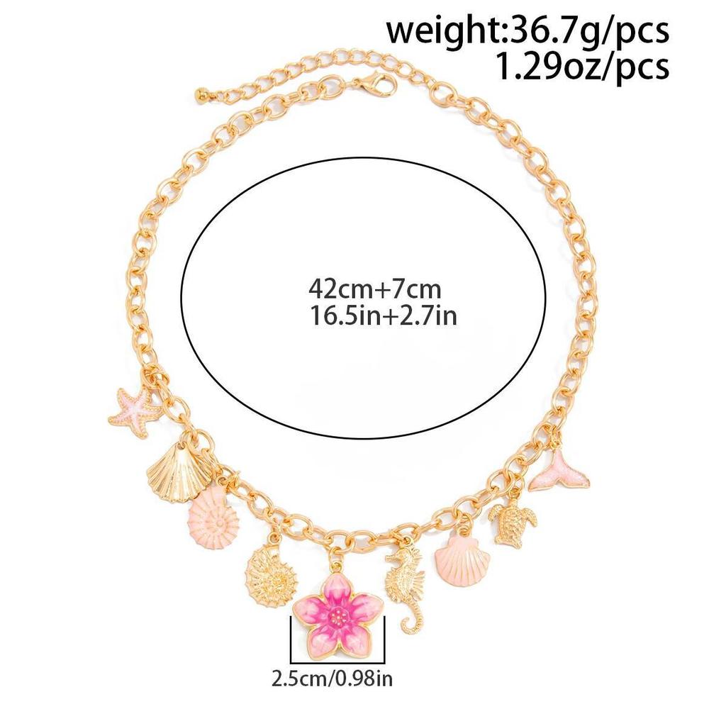 Salircon Sweet Romantic Starfish Shell Pink Flower Pendant Choker Necklace for Women Summer Beach Charm Aesthetics Jewelry Gift