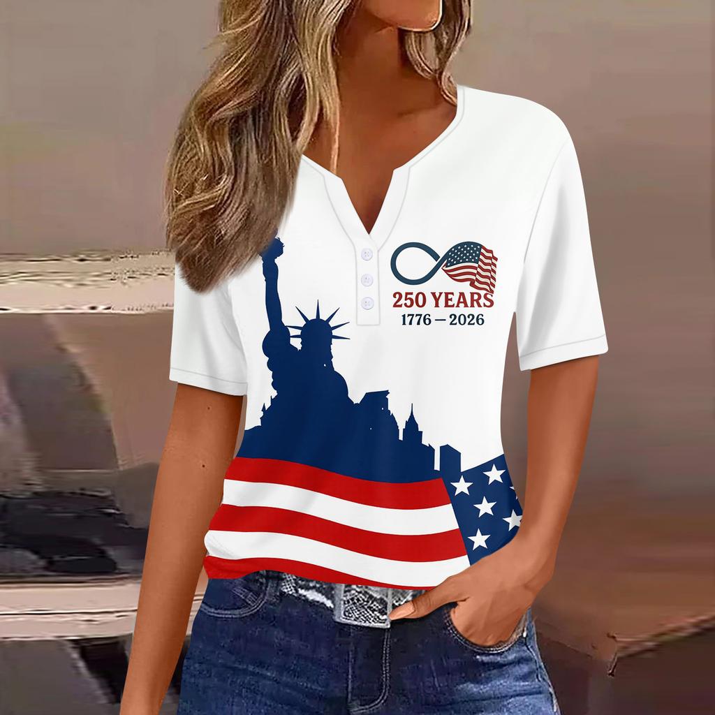 Damen-T-Shirt mit Aufdruck „Unabhängigkeitstag“ und Knopfleiste, kurzärmelig, für den Alltag und das Wochenende, modisch, Basic, V-Ausschnitt, normales Oberteil