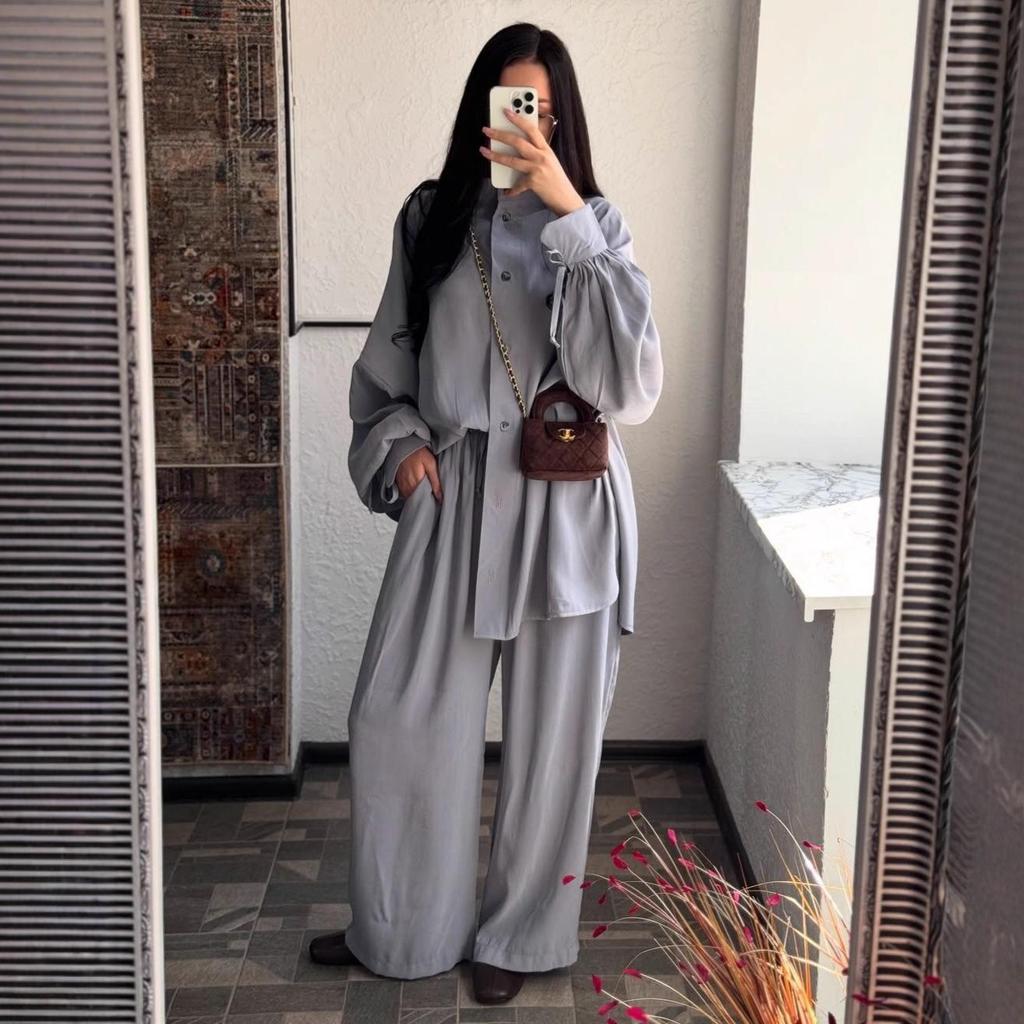 2025 Herbst Damen Übergröße Hemd mit Puffärmeln & Weite Hosen Zweiteiliges Set