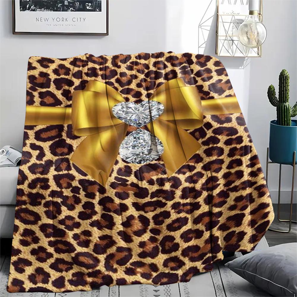 1Pc Leopard Bow Print Flannel Blanket, High quality Comfortable for All Seasons, Home Decor, Warmth and Comfort, Perfect for Gifts