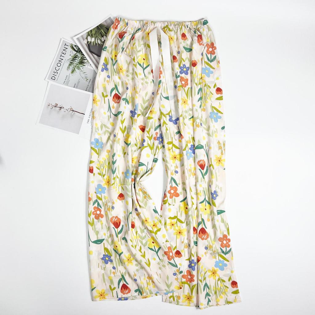 Women's Summer Cotton Silk Nine-Point Wide-Leg Pajama Pants - Plus Size, Loose, Breathable, Cooling, Ideal for Beach and Air Conditioning Comfort