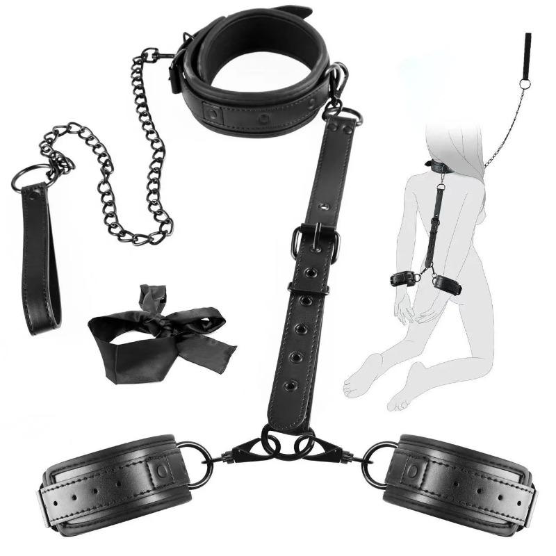 Sex Restraints Neck To Wrist Kit with Traction Chain Back Handcuffs Collar