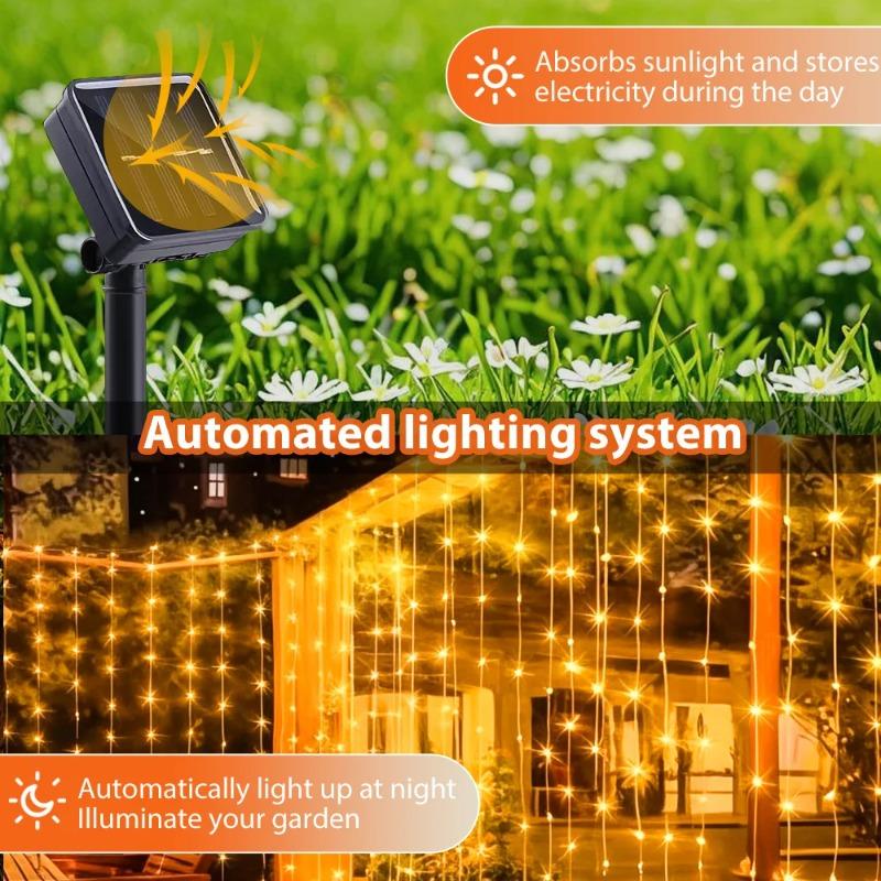 100/200/300 LED Solar Courtyard Curtain Lights Outdoor Waterproof Fairy String Lights With 8 Modes for Garden Window Bedroom Wedding