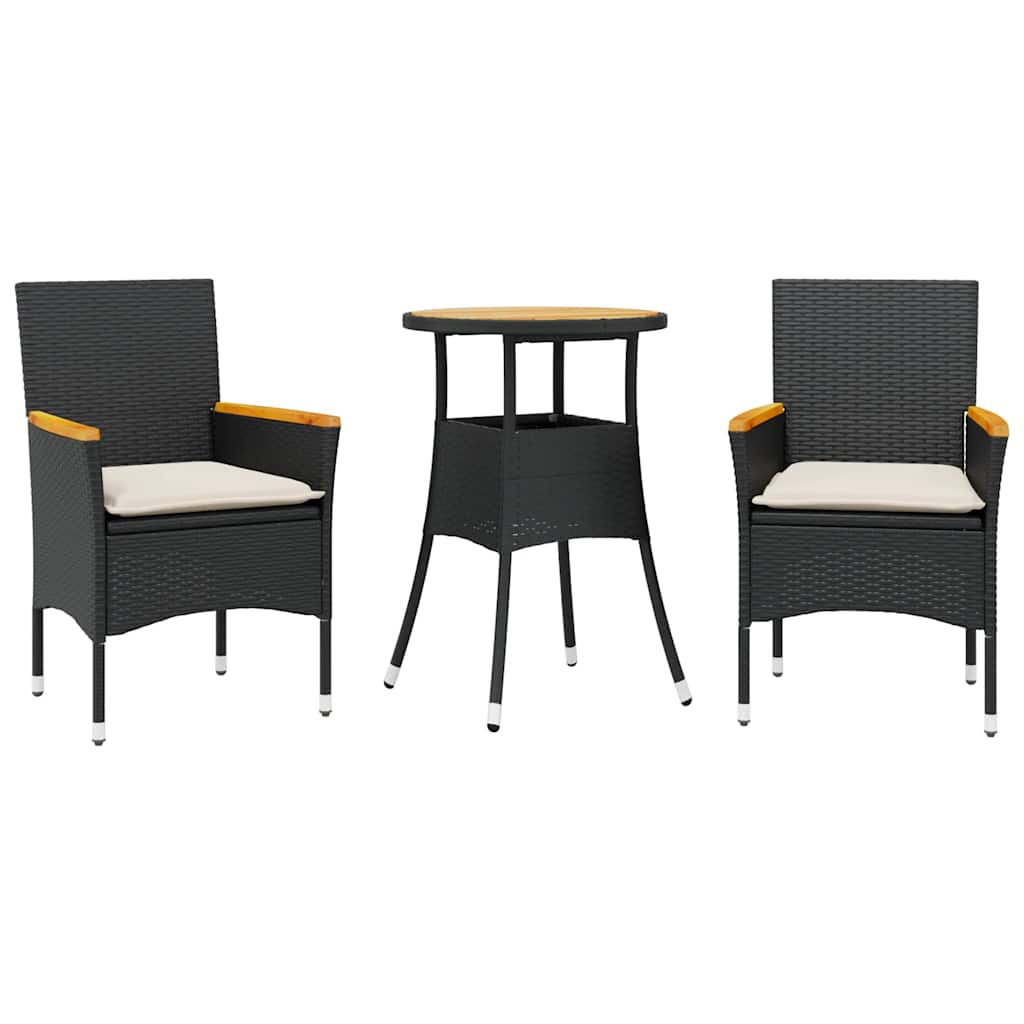 3 Piece Outdoor Dining Set with Cushions Black Poly Rattan & Acacia Wood